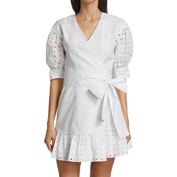 Tanya Taylor Gina Eyelet Trim Wrap Dress in Optic White 8 New Womens - Picture 1 of 11